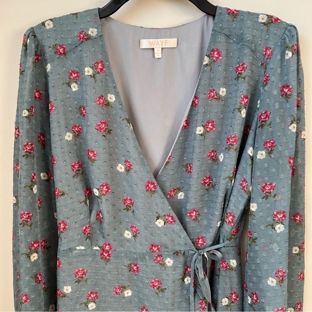 Wayf Eloise Floral Wrap Dress Clip Dot Ruffle Long Sheer Sleeve Tulip Hem Sz S - Picture 4 of 14